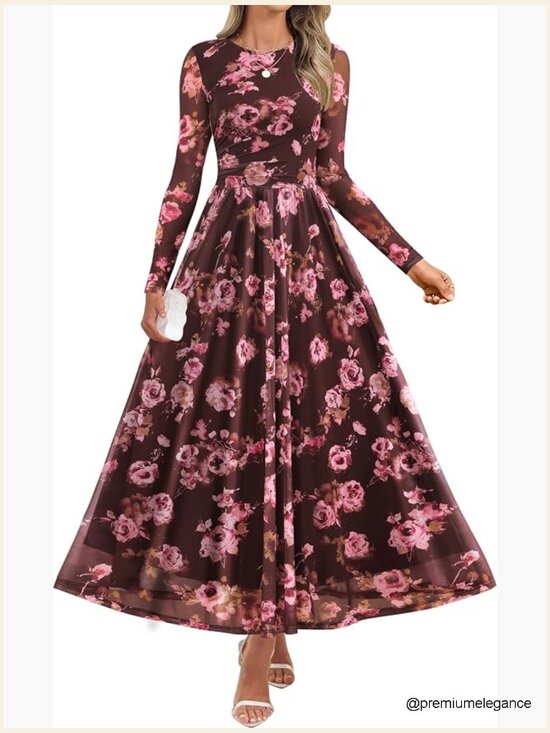 Dresses & Skirts - Long Sleeve Crewneck Floral Print Mesh Ruched Maxi Dress